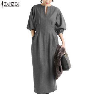 ZANZEA Women Retro Puff Sleeve Solid Color Casual Loose Maxi Dress