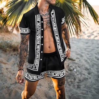 Nuevos Hombres Hawaiian Conjuntos De Impresión 2021 Verano De Manga Corta Botón Camisa Pantalones Cortos De Playa Streetwear Casual Hombre Traje 2 Piezas (3)