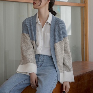 desgaste suelto retro perezoso grande suéter Chamarra cosida con estilo suave de punto de manga larga cardigan para las mujeres