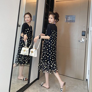 ❤現貨❤Little daisy mesh splicing loose dress female student mid-length black t-shirt skirt summer 2020 new