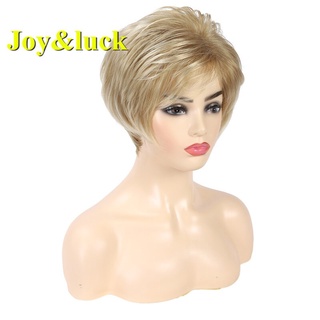 joy&luck peluca corta rubia sintética pelucas para las mujeres natural recto oro peluca completa con flequillos cosplay pelucas o peluca de pelo diario