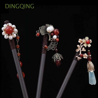 dingqing vintage palillos de pelo antiguo disfraz hanfu tocado de madera horquilla mujeres flor imitación jade borla temperamento estilo chino horquilla de pelo