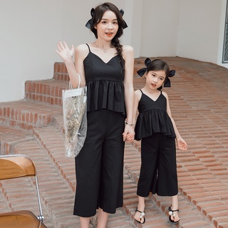 Korean Big Kids Women's Sling Wide Leg Pants Parent-child Wear Summer Mother and Daughter Black Suit
