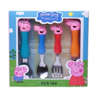 Juego de 4 piezas de tenedor de cuchara de Peppa Pig de dibujos animados para niños, vajilla de acero inoxidable, Set de regalo