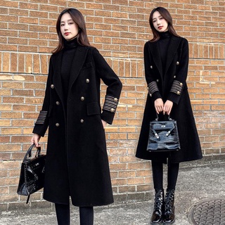 abrigo de lana negro de las mujeres de la longitud media sobre la rodilla2021winter nuevo elegante adelgazar estilo británico abrigo de lana