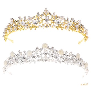 exhil Pearl Crown Bride Wedding Tiara Princess Jewelry Women Luxury Queen Decoration