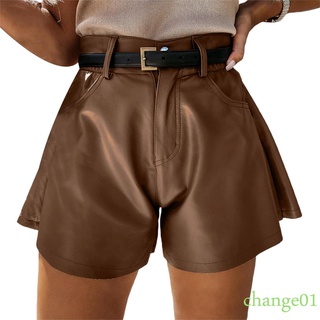 ✮ XI ❉ Pantalones Cortos De Cuero De Las Mujeres , La PU De Color Sólido Cintura Media Suelta Con Bolsillos Para Niñas , Negro/Caqui