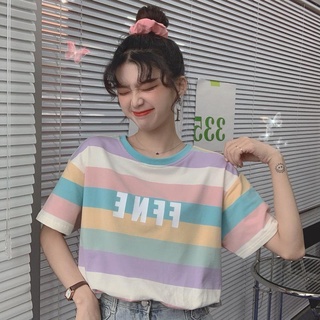 Verano Rayas Camiseta De Manga Corta Mujeres Coreano Suelto Arco Iris top