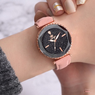 Women Quartz Watch Starry Sky Dial with Adjustable PU Leather Strap