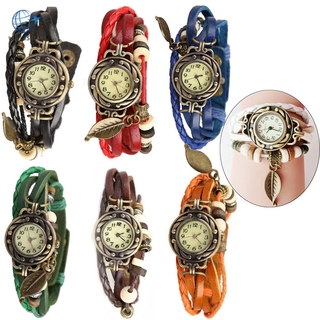 Reloj De pulsera De cuarzo Vintage con correa De cuero Weave Wrap cuentas De hoja Para mujer (1)