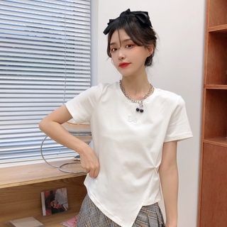Camiseta de algodón de manga corta para mujer tipo corto camisetas verano Irregular Color sólido Crop Top