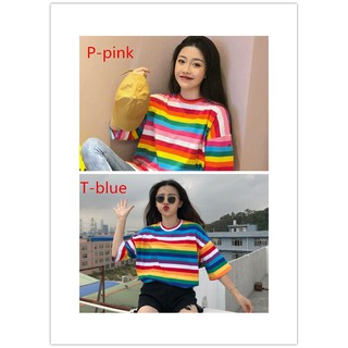 INS Hot Sale【Ready Stock】Rainbow Color Women Causal Loose TShirt Tops (4)