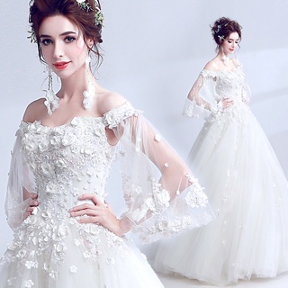 Ángel vestido de novia elegante celebridad tridimensional flor princesa vestido de novia manga larga bosque vestido de novia 5810