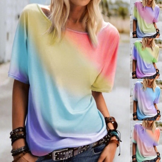 Women's short-sleeved summer new round neck rainbow printed loose thin casual top mid-length fashion T-shirt women
