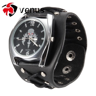reloj de pulsera de cuarzo estilo punk con patrón de calavera con correa remache para hombre y mujer