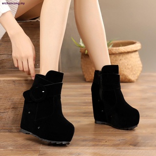 Cuña tacón super tacón alto botas cortas 12cm todo-partido impermeable plataforma aumentada de las mujeres zapatos plataforma negro gamuza Martin botas (2)