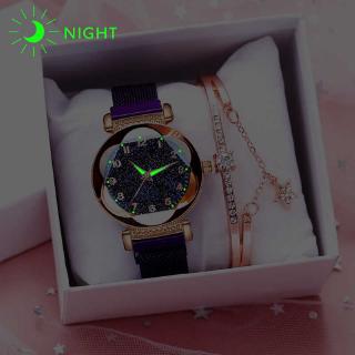 [reloj+pulsera]pulsera para mujer con hebilla magnética cielo estrellado luminoso números árabes relojes jam tangan wanita