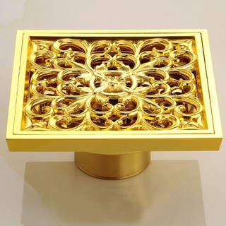 Cuadrado de oro de latón de la ducha de drenaje colador de piso cubierta arte tallado flor baño accesorios de baño rejilla residuos