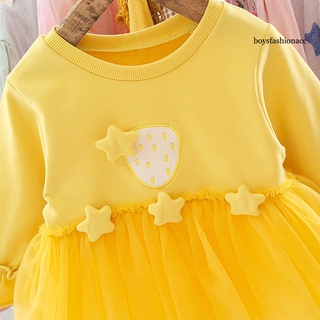 NTZ_ Bebé Niñas Otoño Color Sólido Manga Larga Estrellas Decoración Costura Vestido De Tul (6)