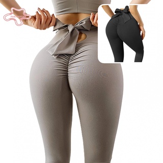 pantherpink Women High Waist Solid Color Butt Lift Fitness Leggings Bow Skinny Pants Tights