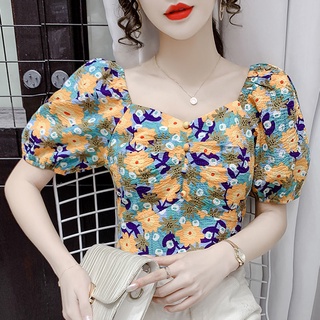 Camisa Floral francesa para mujer verano 2021 nueva cintura ajustada temperamento vendaje arco corto cuello cuadrado clavícula