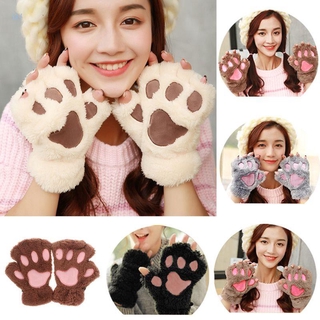 lkl Winter Women Cute Cat Paw Claw Plush Mittens Short Fingerless Finger Half Gloves
