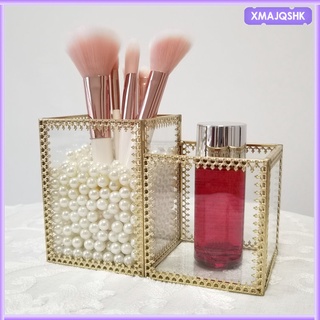 [xmajqshk] Clear Glass Makeup Organizer with 2 Brush Holder Compartment, Cosmetic Brush Storage Box, for Bathroom Bedroom Vanity