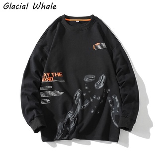 GlacialWhale Men Crewneck Sweatshirt Men Fashion New Graffiti Sweatshirts Oversized Hip Hop Japanese Streetwear Black Hoodie Men