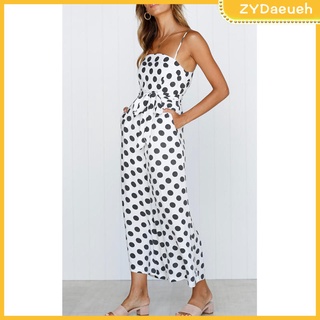 Ladies Fashion Polka Dot Print Wide Leg Jumpsuit Spaghetti Straps Evening Party Playsuit Rompers