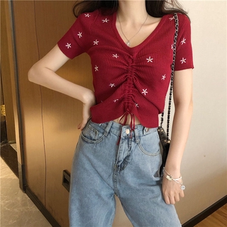 Moda V-cuello impreso de punto T-Shirt para las mujeres cordón de manga corta Top