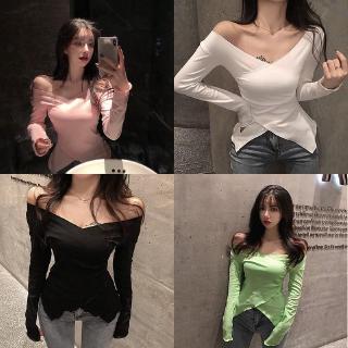 Coreano de la moda de las mujeres de Color sólido Sexy cuello en V manga larga Split fondo camiseta