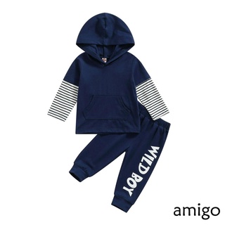 ✪Qe❈2 piezas de trajes casuales para bebés, diseño de bloques de Color para niños, manga larga, sudadera con capucha con bolsillo y estampado de letras