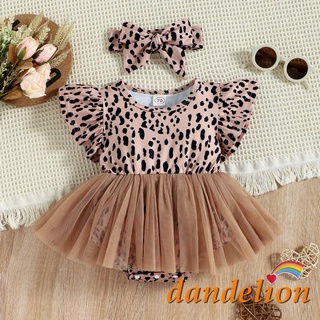DANDELION-0-12months Baby Girl Summer Outfit, Leopard Print Tulle Flying-Sleeve One Piece Romper + Hairband (1)
