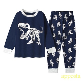 ✪Hk✿Niños Casual de dos piezas pijamas conjunto, dinosaurio impreso patrón redondo cuello jersey y pantalones, azul marino/verde/gris