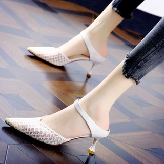 Sandalias de Hada de malla transpirable de tacón medio de estilo coreano2021Primavera y verano nuevas zapatillas puntiagudas de tacón alto para mujer (2)