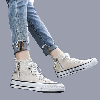 [Eet] zapatillas de deporte para mujer de alta parte superior de moda lateral cremallera zapatos de lona con cordones clásico Casual