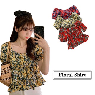 Mujer dulce y versátil impresión Floral cintura delgada volantes dobladillo manga burbuja camisa Tops