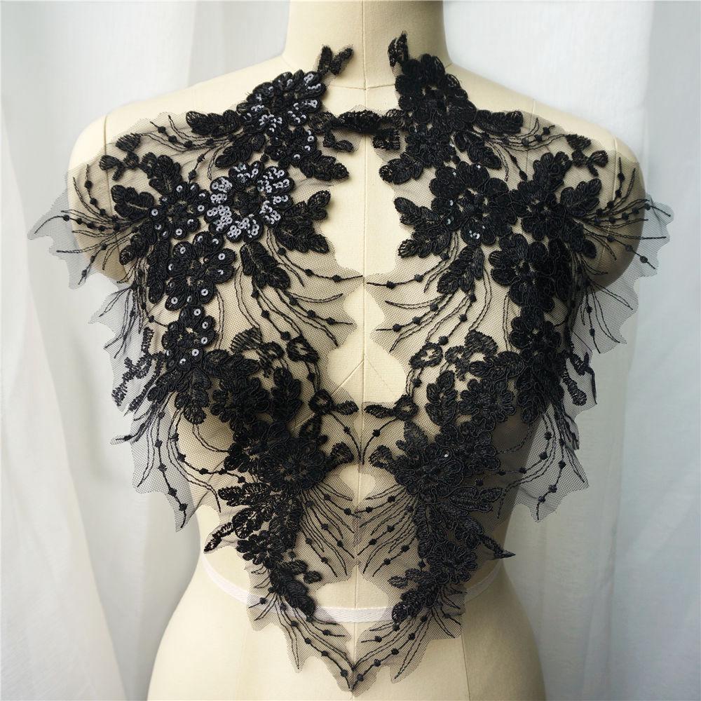 2 piezas de bordado negro flor encaje apliques cuello de costura parche boda fiesta ropa de novia DIY artesanía