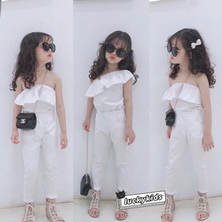 2 piezas de verano de moda niños niñas blanco hombro fuera sin mangas volantes Tops+pantalones blancos conjunto de ropa