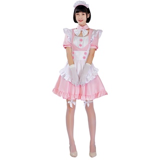 Anime japonés vestido de doncella rosa juego de roles traje de fiesta de Halloween (3)