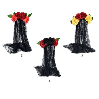 Good Women Bridal Halloween Wedding Headband Crown Contrast Color Faux Rose Flower Day of The Dead Hair Hoop with Black Lace Veil