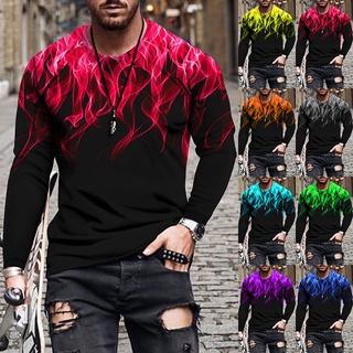 la moda de los hombres casual camisa superior de la llama de impresión de cuello redondo camiseta casual de manga larga camisa deportiva más el tamaño