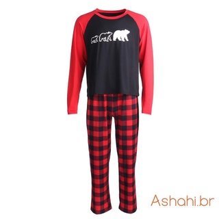 ✭Dk✲Padre-hijo de navidad pijamas traje, cuello redondo camiseta + cuadros pantalones largos/Patchwork body