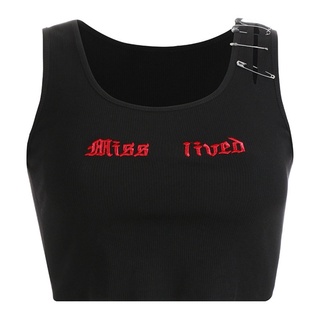Vest Summer Beach Party Sleeveless V-Neck Letter Embroidery Pin Vest Solid Color Hollow Sports Umbilical Top Vest (1)