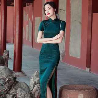 Mujer verde oscuro Cheongsam 2021 nuevo temperamento mejorado estilo Retro vestido de verano largo