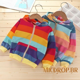 micdrop-niño niñas zip up sudaderas, moda manga larga arco iris rayas con capucha