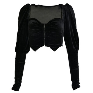 SA Womens Sexy Bodycon Long Bubble Sleeve Velvet Crop Top Square Neck Single Breasted Shirts Retro Black Solid Color Corset Clubwear