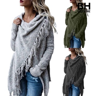 BH Women Solid Color Irregular Cowl Long Sleeve Tassels Knitted Sweater Cardigan