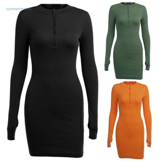SYM Womens Long Sleeve Ribbed Knitted Bodycon Mini Pencil Dress Half Zip Front Sexy Deep V-Neck Solid Color Stretch Cocktail Party Clubwear