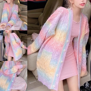 o Women Rainbow Knitted Cardigan Long Sleeve Button Down Open Front Sweater Knee Length Loose Tops Coat Jacket Outerwear